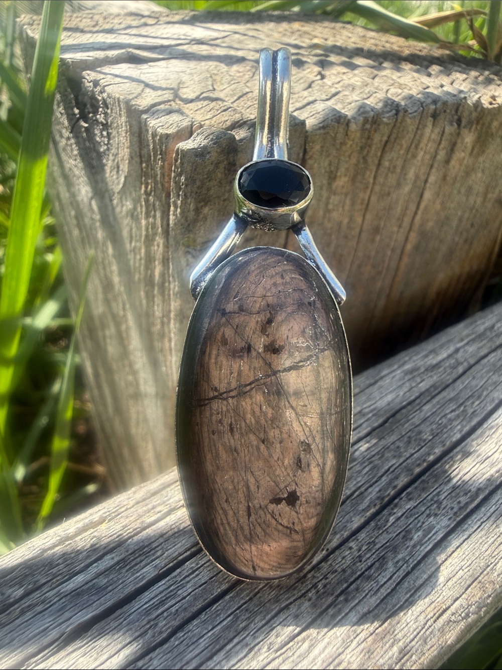 925 HyperSthene & Black Onyx Gem Sterling Plated Pendant